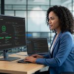 A professional analyzing green Core Web Vitals performance charts and speed metrics on a sleek laptop screen in a modern office environment.