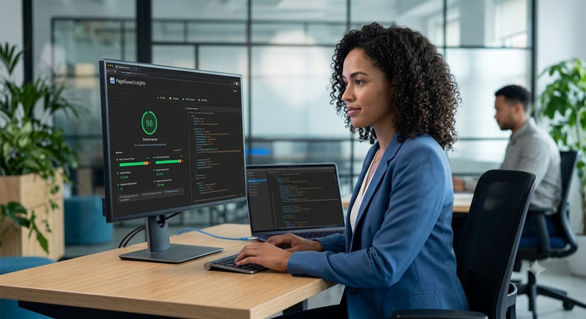 A professional analyzing green Core Web Vitals performance charts and speed metrics on a sleek laptop screen in a modern office environment.
