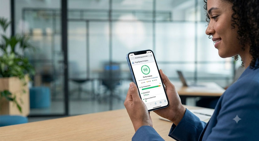 A professional holding a smartphone showing an instantly loaded, responsive web page with a green high-speed badge.