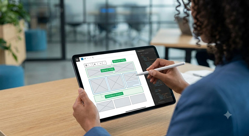 An over-the-shoulder view of a developer arranging clean, modular block components on a modern tablet interface.