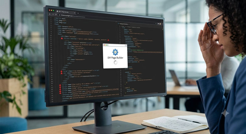 A developer examining a screen displaying cluttered, nested code and a performance warning indicator, illustrating the burden of legacy drag-and-drop page builders.