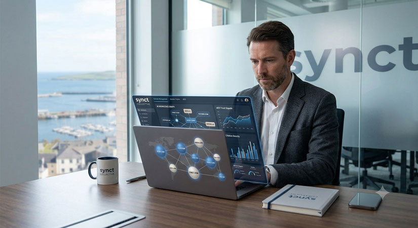 A business professional working on a laptop displaying AI domain authority data and Answer Engine Optimization charts in a modern office