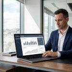 A business professional working on a laptop displaying a custom WordPress client portal and data dashboard in a modern office