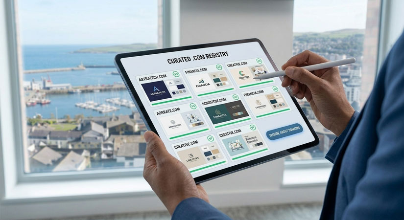 A user holding a tablet reviewing Synct Collective's curated list of premium dot com domains for sale