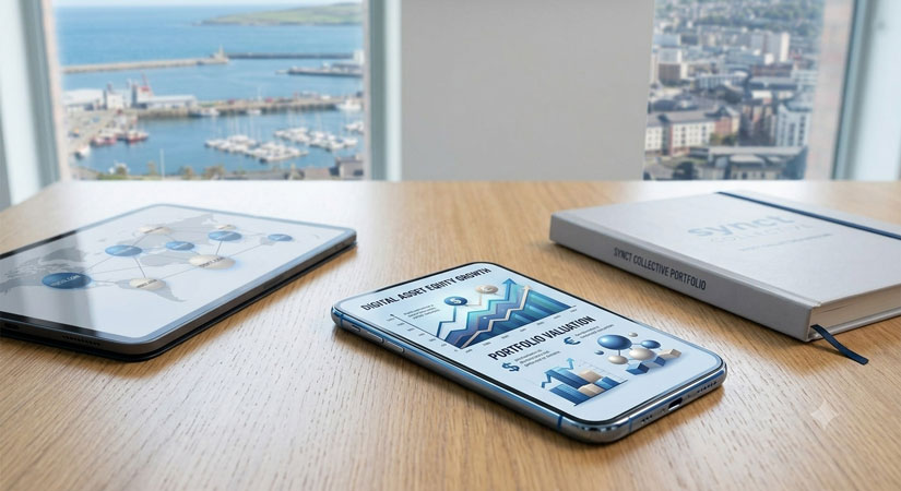 Smartphone and tablet displaying digital asset equity growth metrics and domain portfolio valuation